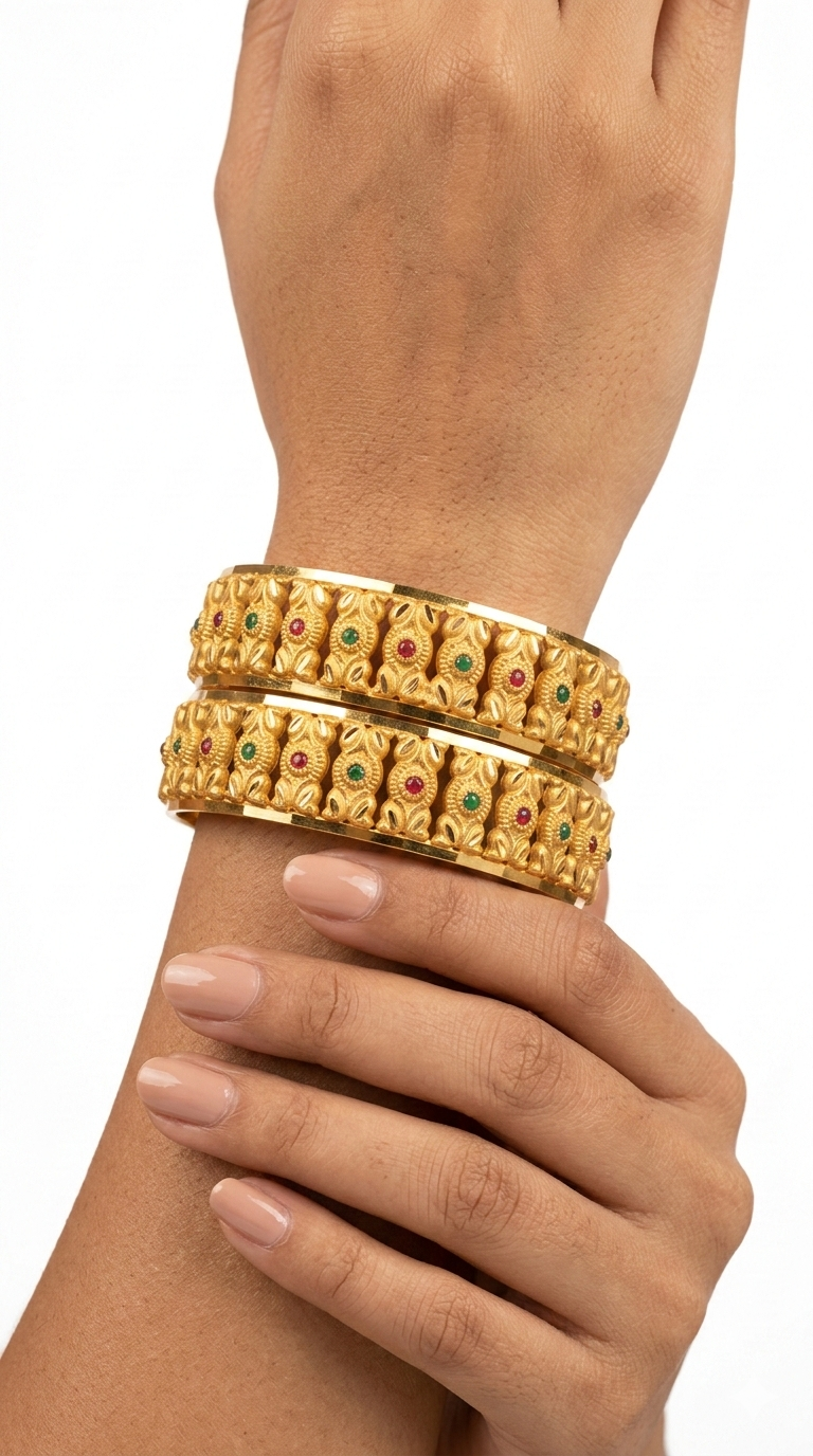 Premium Traditional Gold Plated Kada Bangles with Red & Green Stone – Heavy Bridal & Festive Wear (Set of 2)